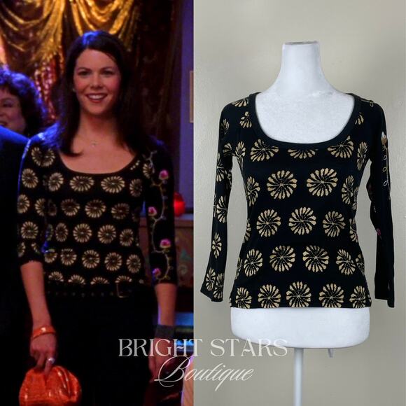 Rare Top ASO Lorelai Gilmore Girls 3/4 Sleeve Y2K Black Embroidered Vintage - Picture 1 of 11